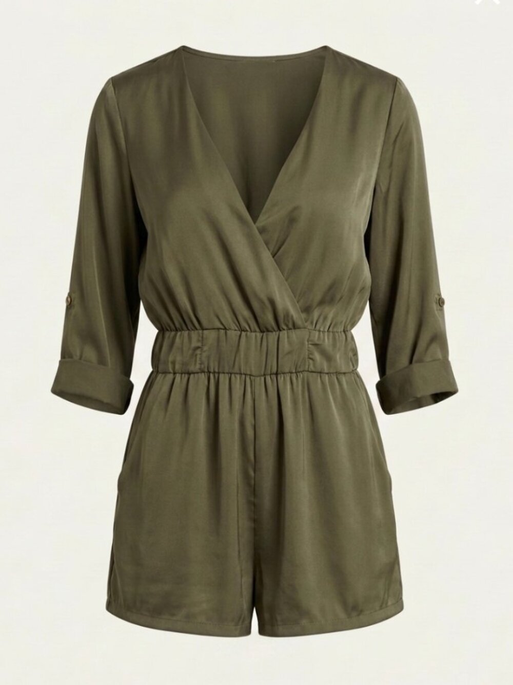 Charly Jade Olive Green 100% Silk Utilitarian V-Neck Wrap Romper size XS